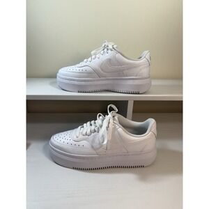 Nike Court Vision Alta Triple White Leather  Platform Shoes Women's Size 9